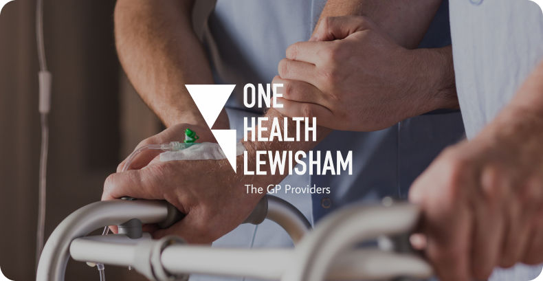 close up of health care assistant helping patient on walker with one health lewisham logo overlay